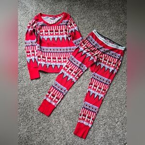 Victoria's Secret Pajama Set M Red Long Sleeve Geo Print Waffle Knit Thermal